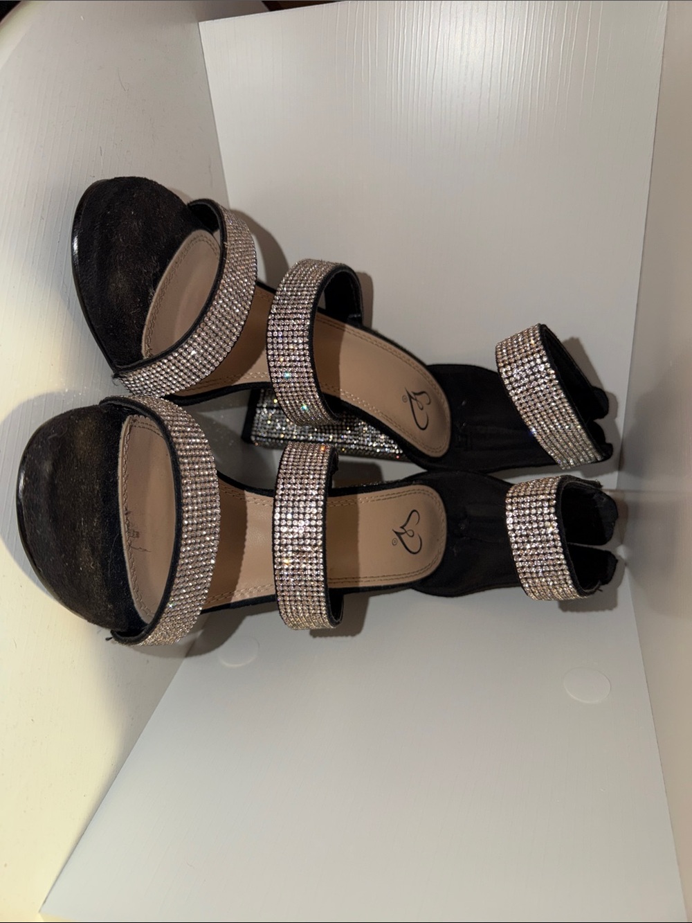 Sparkling Black Crystal-Strap Block Heel Sandals